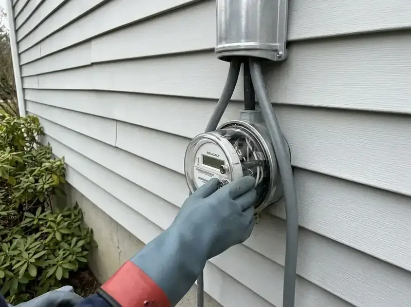 TJF Electric Eversource service coordination — electrician at residential meter base in CT