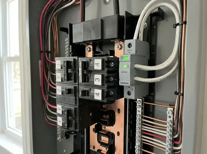 TJF Electric Type 2 surge protector installed at residential panel — lightning damage prevention
